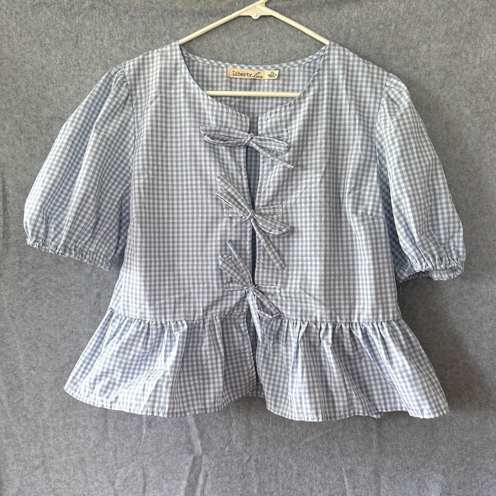 Gingham Bow Front Top XL Blue White Peplum Puff Sleeve Cottagecore Preppy Girly